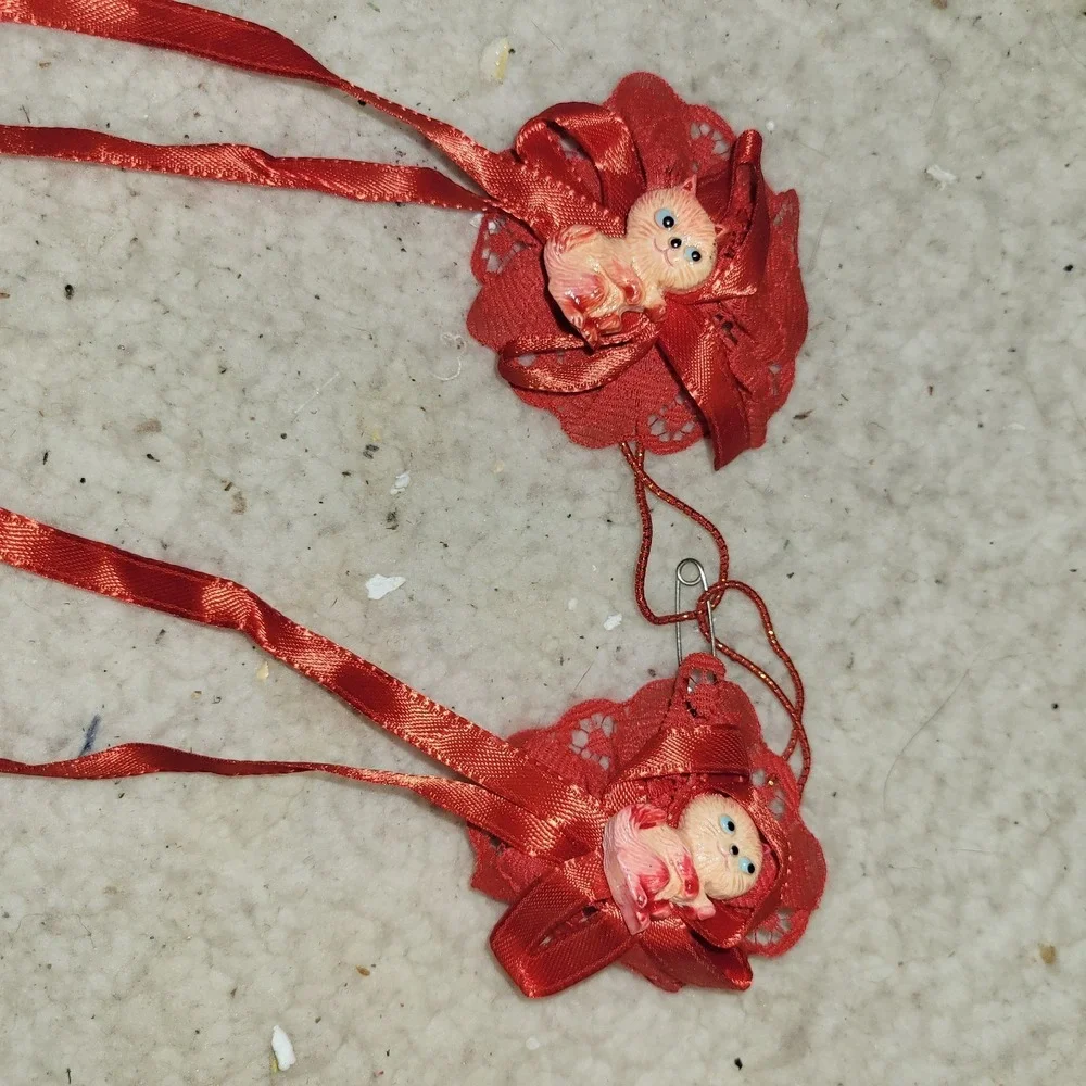 Vintage Red Satin Lace Hair Clips Kitty Charm Ribbon‎ Barrettes Set